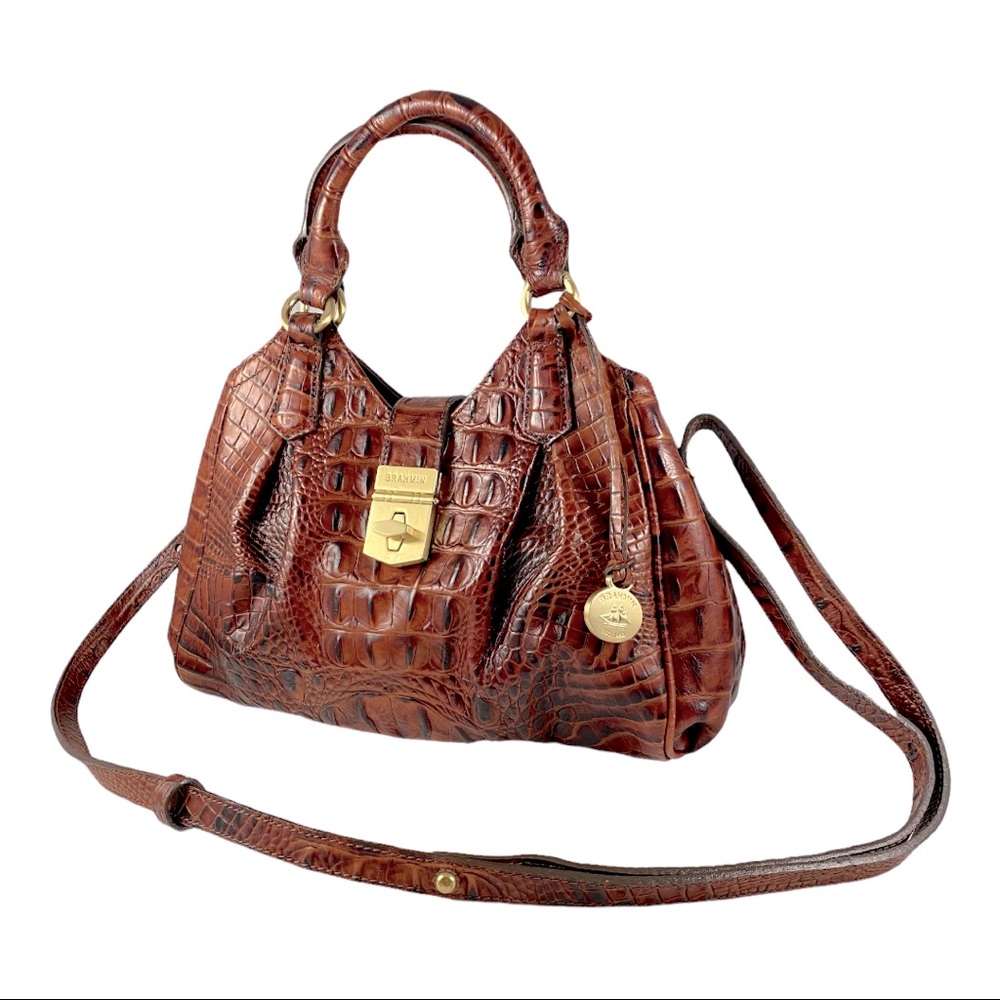 Brahmin Handbag with Straps, Tan/Amber Color, Alligator/Croc Skin